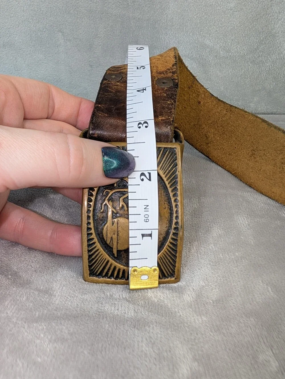 Vintage 1974 Tech Ether Guild La Luna Tree Solid Brass Buckle Leather Belt XL